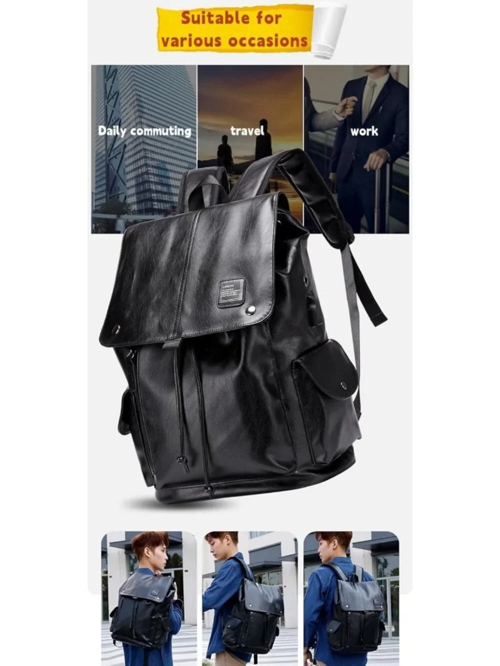 Stylish Waterproof Leather Backpack with USB Charging Port for Work & Travel